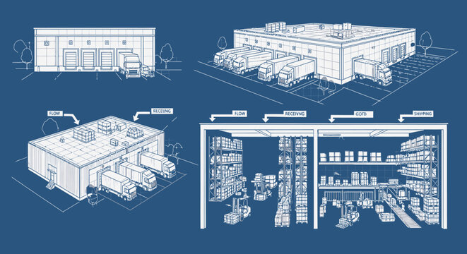 Blueprints of industrial factory buildings.