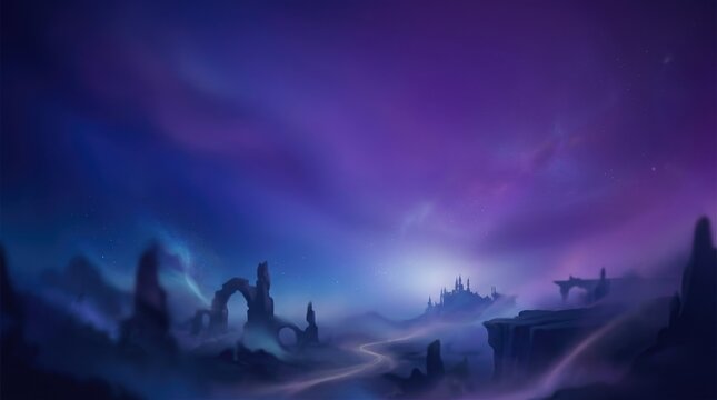 Fantasy landscape with purple and blue night sky, castle, background, wallpaper thumbnail social, media book cover, download 2026 2027, 2028 event template, pc desktop mobile, full hd 4k download
