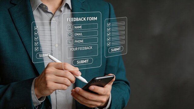 Customer feedback form on mobile interface, user survey questionnaire with name email phone fields, data collection and satisfaction review concept