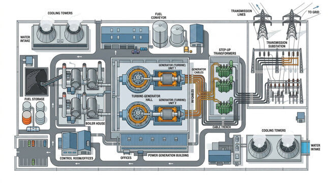 Aerial view of a large industrial power plant complex with multiple buildings and electrical infrastructure.