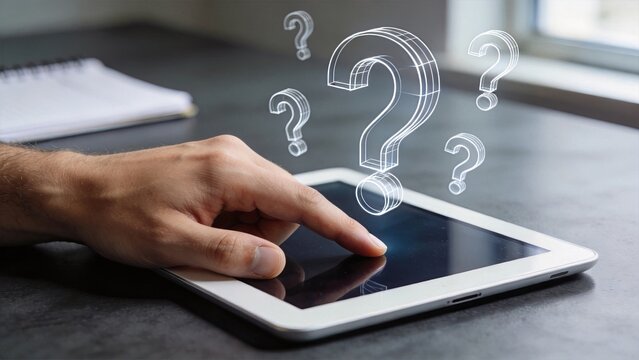 Hand touching tablet screen with holographic question marks, seeking answers and problem solving in digital technology concept