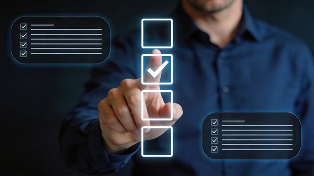 Businessman touching holographic checklist, digital interface selection, modern task management concept, glowing checkbox icon, technology innovation, corporate planning,
