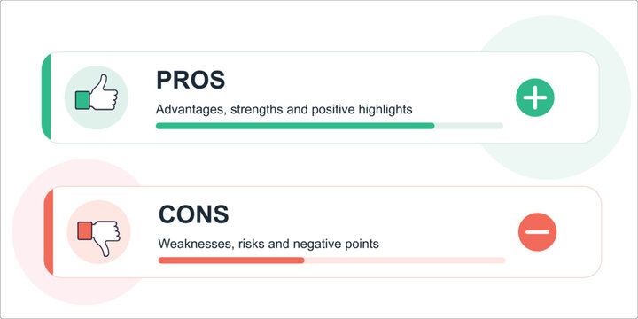 pros and cons comparison infographic with thumbs up and down icons, green and red color scheme, vector ui element