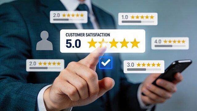 Customer satisfaction rating concept with five stars and positive feedback, showing excellent service quality and user review score