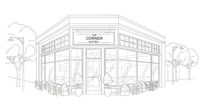 Corner Coffee Shop Storefront Exterior.