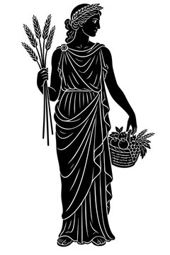 Demeter Greek goddess of harvest agriculture and fertility holding wheat sheaves and basket of fruits silhouette art