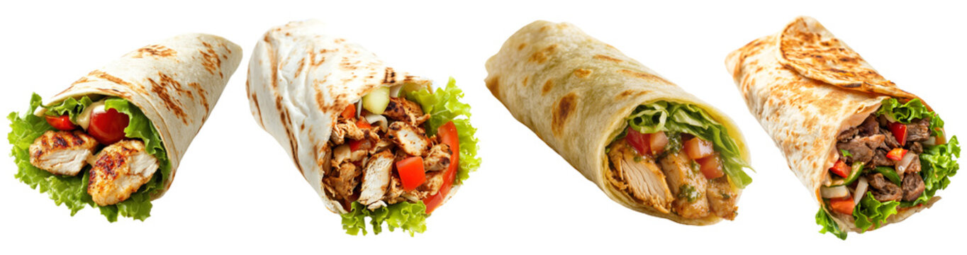 Delicious chicken and beef shawarma wraps, a popular Middle Eastern street food, isolated on transparent background.