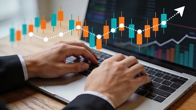 Stock market trading and financial analysis with candlestick charts and trend lines on laptop screen, representing global economy and investment strategies.