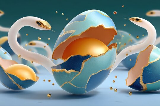 Surreal cracked blue egg revealing golden core with elegant white snakes and gold flakes