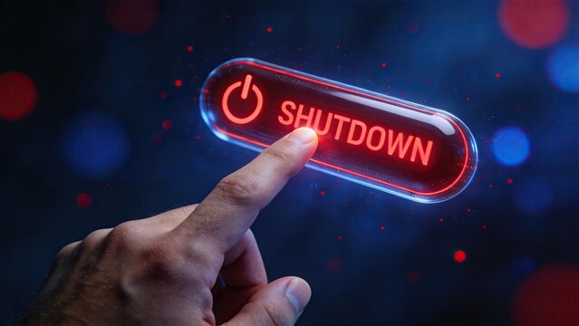 Futuristic red glowing shutdown power button interface being pressed by finger, digital technology concept, turning off system, energy saving mode, computer termination command,