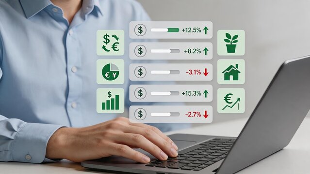 Financial growth and investment analysis, stock market profit and loss percentage indicators with currency symbols, economic trends and business data visualization on digital
