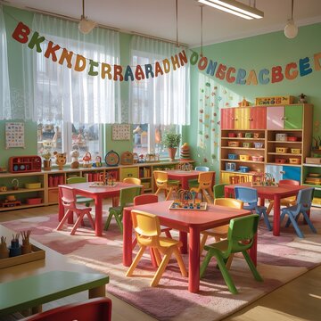 Colorful kindergarten classroom with tables and chairs for children
