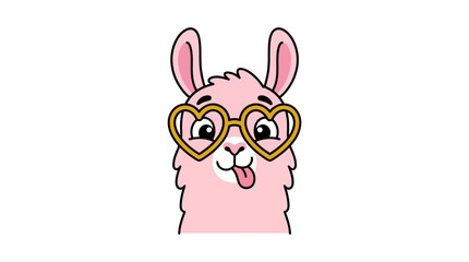 Obraz premium Adorable pink cartoon llama head with heart-shaped glasses sticking out its tongue