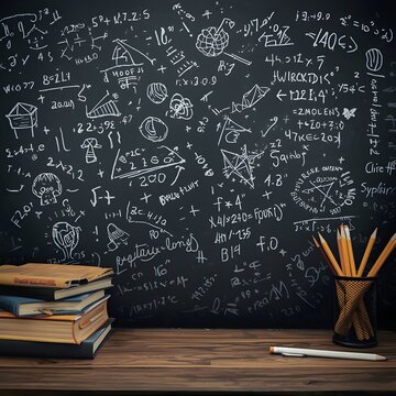 Books and pencils on desk in front of chalkboard filled with mathematical formulas