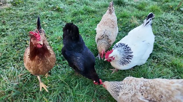 Groupe de poules avec un coq, en libert&eacute;, mangeant des miettes de pain lanc&eacute; dans l'herbe. Animaux domestique de ferme.
