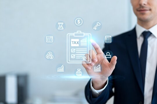 Businessman interacting with digital tax icons
