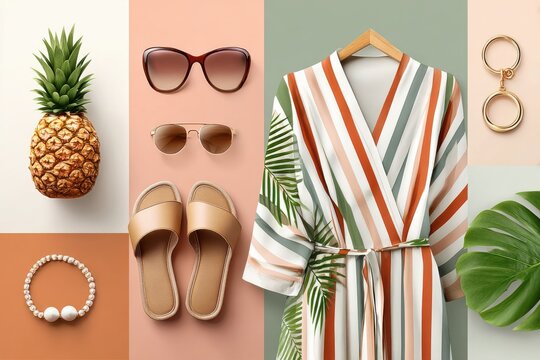Flat lay of summer accessories and striped beach robe with sandals and sunglasses