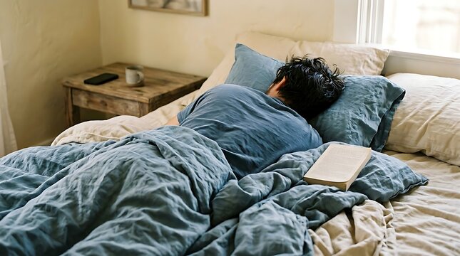 Candid vertical shot of person lying face down on crumpled linen sheets, smartphone face down on blurred nightstand, digital detox and mental health concept with blue aura bed