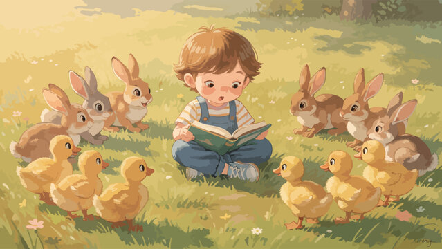 Boy sitting with ducks and rabbits.