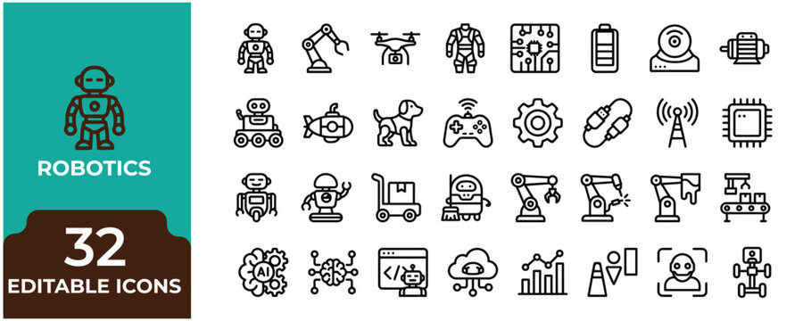 Robotics and Artificial Intelligence Icon Set 32 Editable Vector Line Icons for Automation, Industrial Robots, Future Technology, and AI Engineering.