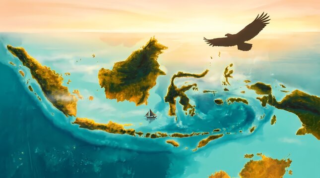 Abstract colorful modern digital art vector illustration of Indonesia archipelago with eagle and ship, artistic background