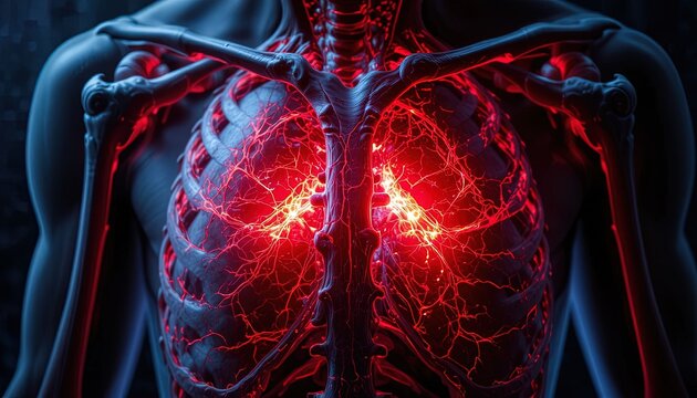 Human chest cavity displays glowing interconnected vessels within the skeletal structure.