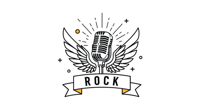 Classic rock music emblem featuring a vintage silver microphone with angelic wings and a decorative banner with the word rock.