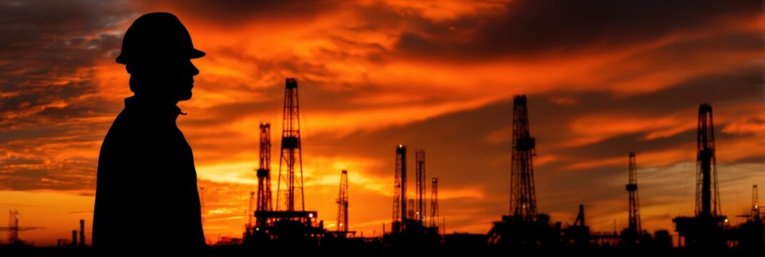 silhouette of an oil worker in hard hat standing at drilling field with rigs against dramatic sunset sky, representing energy industry, petroleum production and industrial landscape