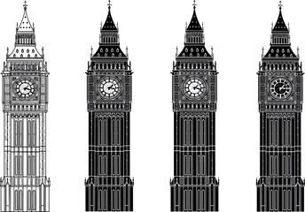 Fototapeta premium London Big Ben Elizabeth Tower Clock Silhouette Vector Set for United Kingdom Tourism, Travel Guides, and Historic Landmark Graphic Designs