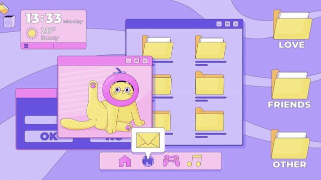 Cute retro desktop interface lofi animation. Kawaii cat UI window. Y2K vaporwave computer folders. Weather widget. Lo Fi aesthetic animated background 4K video. 2D cartoon nostalgic live wallpaper