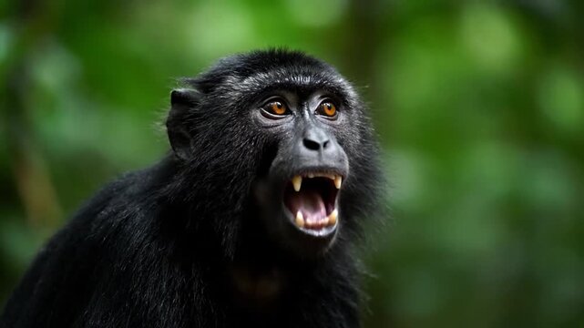 Black Macaque primate with open mouth.