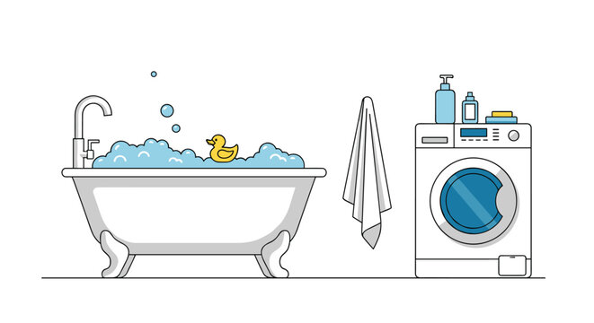 Clean bathroom interior includes a white bathtub with bubbles, a yellow rubber duck, and a front loading washing machine.