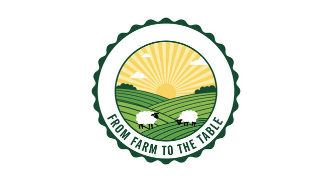 Circular vintage farm to table label features grazing sheep on green hills under a bright rising sun background.