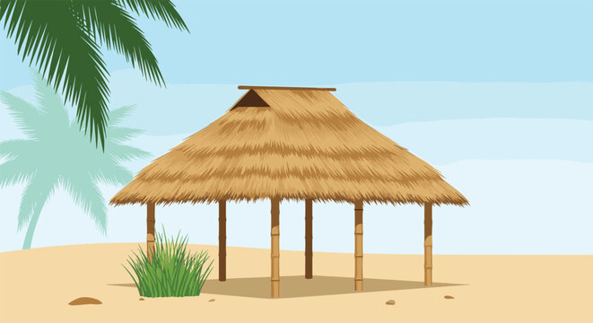Tropical beach scene shows a traditional thatched roof hut on sand with palm tree leaves framing the sunny sky.