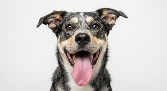 Portrait of a Cheerful Mixed Breed Dog Panting with Tongue Out on a Clean White Background