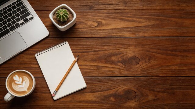 Flat lay of cozy wooden workspace with laptop, notebook, pencil, cactus plant and latte art coffee cup, top view of creative office desk setup for work