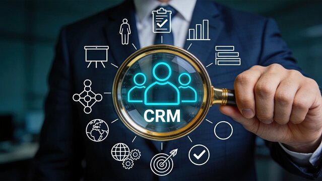 Magnifying glass focusing on CRM text and user group icons, surrounded by network, globe, charts, clipboard symbols, customer relationship management software analysis, business