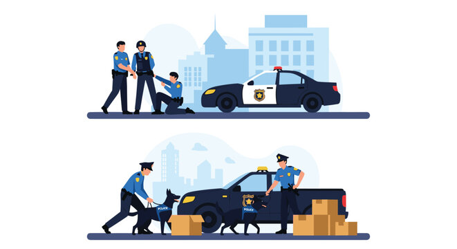 Police department illustrations show officers making an arrest and using trained K9 dogs for a narcotics search.