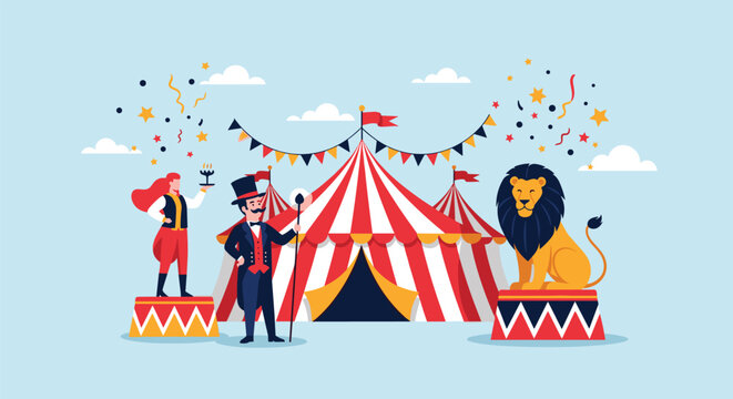 Colorful circus show featuring a ringmaster with top hat and cane, a female performer, and a majestic lion before a striped big top tent.