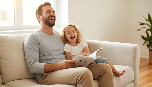 Happy dad and daughter reading jokes book together on a sofa in a bright living room for father's day concept, celebrating joyful family bonding and parenthood lifestyle