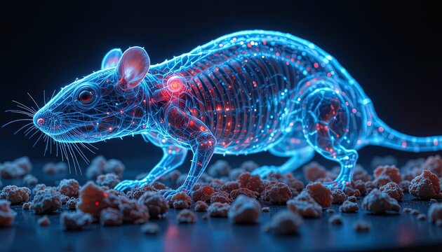Cybernetic Rat Illustration with Glowing Details and Futuristic Design on Textured Surface