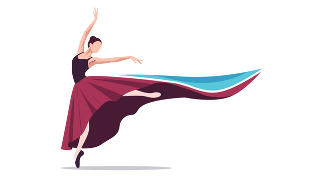Graceful female ballet dancer performing a dynamic pose wearing a dark bodice and flowing long burgundy skirt.