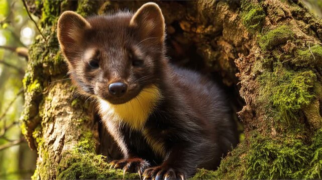 A brown weasel with a yellow patch on its chest peeking out of a mossy tree hole in forest
