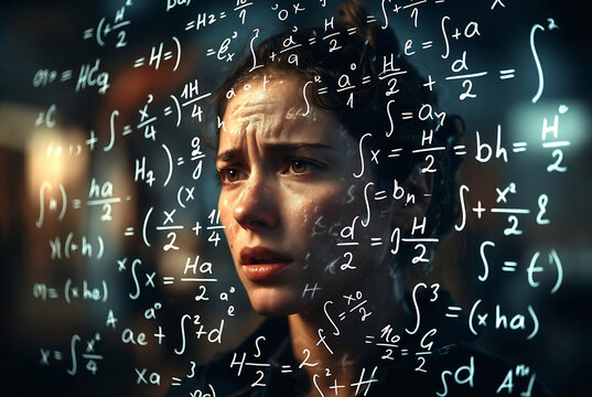A woman with a focused expression is overlaid with complex mathematical equations, suggesting an intense study or contemplation of advanced concepts.