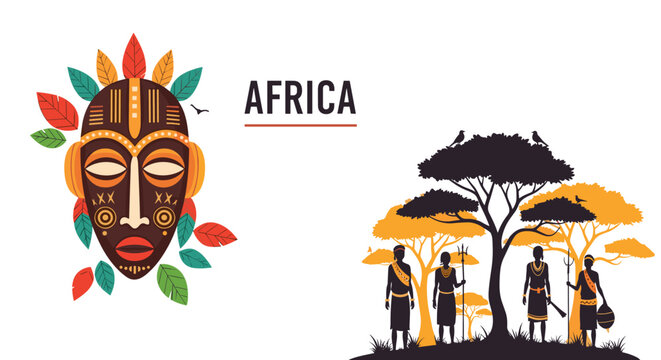 African heritage illustration featuring a colorful traditional mask alongside silhouettes of tribal people under savanna trees.