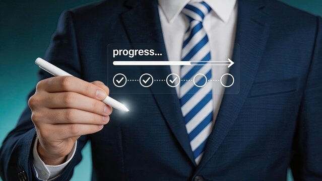 Business professional holding stylus pen pointing at digital progress bar with checklist steps, illustrating project management milestones, task completion tracking, and strategic