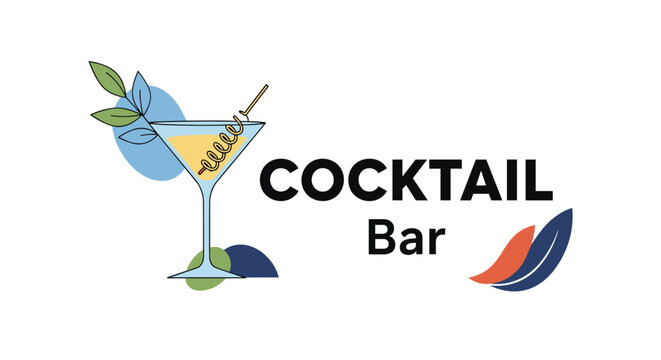Stylish cocktail bar logo featuring a martini glass with a garnish and elegant artistic leaf and feather accents.