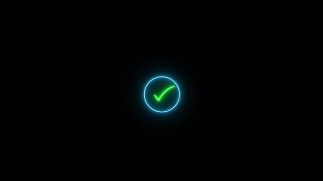 Glowing neon circle with green check mark on black background. Neon circle abstract approval. Professional neon circle for digital task completion and successful software verification.
