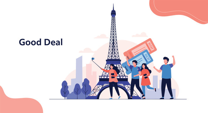 Happy tourists taking selfies and photos in front of the Eiffel Tower in Paris with travel tickets floating in the air.