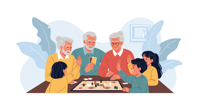 Grandparents and their grandchildren having fun together while playing an engaging board game around a table at home.